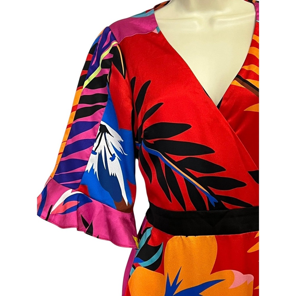 Liquorish Dress Womens‎ US 6 Red Multicolor Wrap Midi Ruffle Sleeves Tropical - Picture 6 of 13